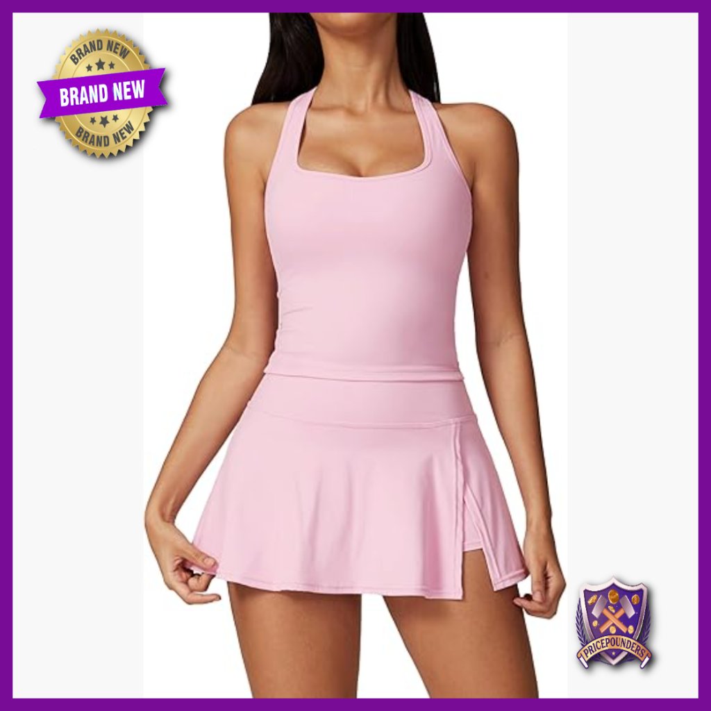 Women's 2-Piece Tennis Dress Set With Built-In Shorts, Racerback Crop Top